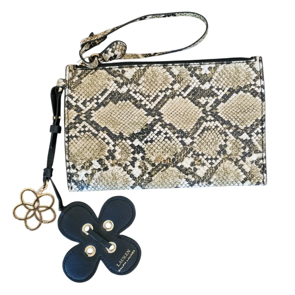 Lauren Ralph Lauren Polo Faux Reptile Wristlet Wallet Flower Dangles Designer